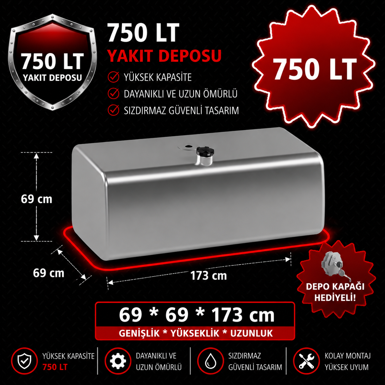 MAN 750 LT ALÜMİNYUM AYAKSIZ YAKIT DEPOSU 69*69*173