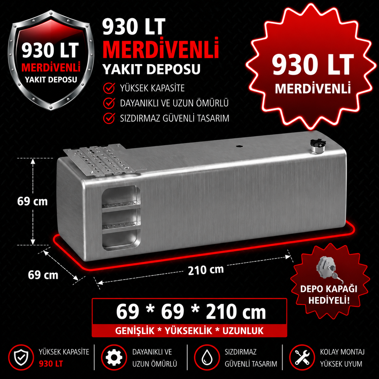 MAN 930 LT MERDİVENLİ ALÜMİNYUM AYAKSIZ YAKIT DEPOSU 69*69*210